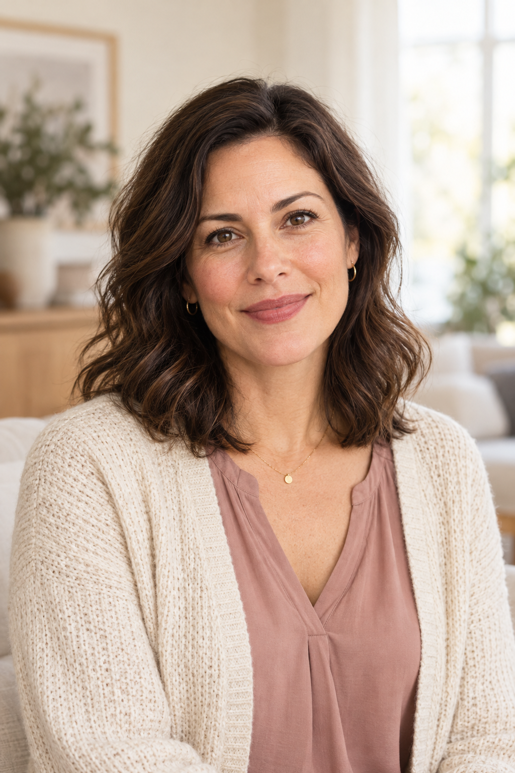 Dana Reyes, PT, DPT, a fictional physical therapist, in a cream cardigan and blush blouse.