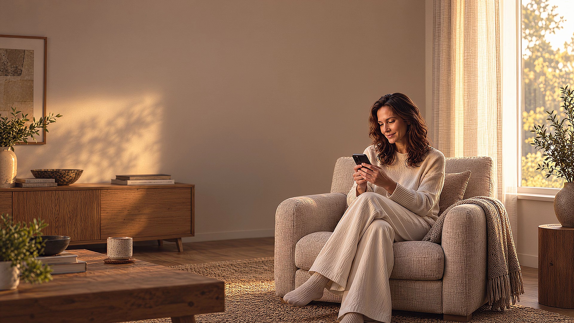 A fictional woman relaxes in an armchair in a quiet, sunlit living room, smiling at her phone.