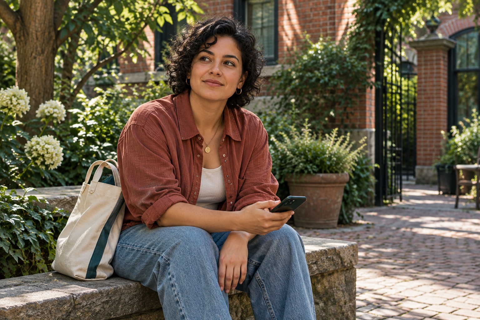 Fictional young woman pausing with her phone in a neighborhood courtyard.